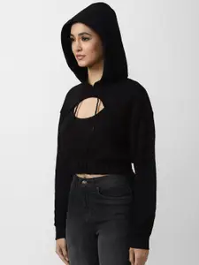 FOREVER 21 Women Black Solid Hooded Sweatshirt