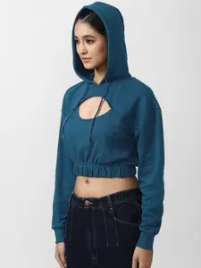 FOREVER 21 Women Blue Solid Hooded Sweatshirt