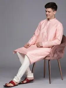 Manyavar Men Peach-Coloured Art Silk Kurta with Churidar