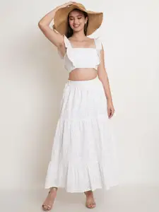 Purple State Women White Schiffli Embroidered Pure Cotton Top with Skirt