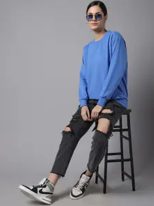 MACK JONNEY Women Blue Solid Cotton Sweatshirt
