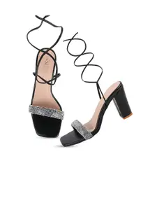 THE WHITE POLE Black Embellished Lace-Ups Block Heels