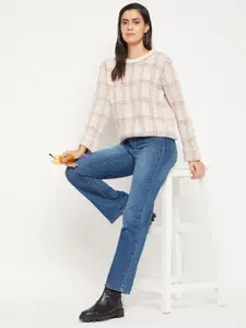 Madame Women Beige & Violet Checked Acrylic Pullover Sweater