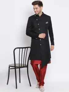 hangup trend Men Black & Maroon Solid Kurta Pyjama Sherwani Set