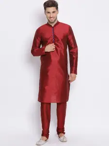 hangup trend Men Black & Maroon Solid Kurta Pyjama Sherwani Set