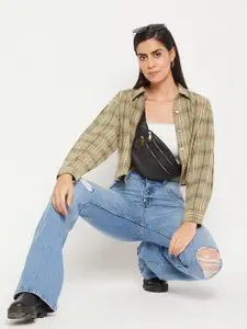 Madame Women Green Tartan Checks Checked Casual Shirt