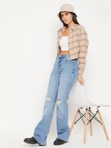 Madame Women Beige Tartan Checks Checked Casual Shirt