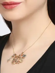 OOMPH Set Of 5 Gold-Toned & White Stones-Studded & Beaded Charm Pendant With Chain