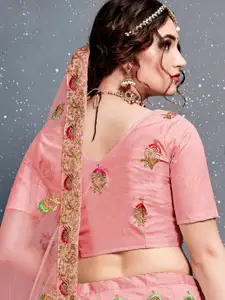 FABPIXEL Pink & Green Embroidered Semi-Stitched Lehenga & Unstitched Blouse With Dupatta