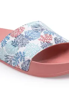 Red Tape Women Pink & White Printed Rubber Sliders