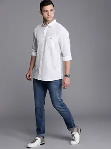 Louis Philippe Jeans Men White Slim Fit Ditsy Printed Cotton Linen Casual Shirt