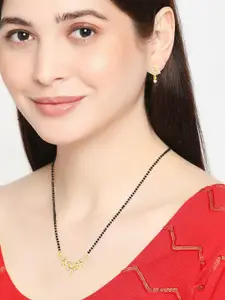 OOMPH Women Gold-Toned Black Beaded White AD Studded Mangalsutra With Earrings