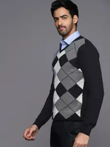 Louis Philippe Men Navy Blue & Grey Argyle Pattern Pullover