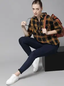 Roadster Women Mustard Yellow & Black Tartan Checked Casual Shirt