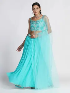 Warthy Ent Turquoise Blue & White Embroidered Semi-Stitched Lehenga & Unstitched Blouse With Dupatta