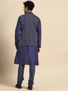 KISAH Men Navy Blue Kurta with Churidar & Nehru Jacket