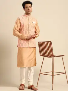 KISAH Men Beige Solid Kurta with Churidar & Nehru Jacket