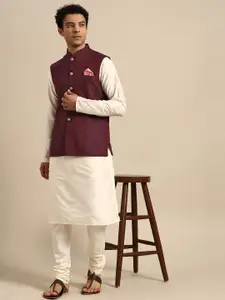 KISAH Men Off White Solid Kurta with Churidar & Nehru Jacket