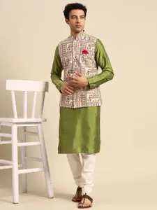 KISAH Men White Floral Printed Kurta Jacket Set with Churidar