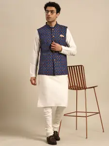 KISAH Men White Solid Kurta with Churidar & Nehru Jacket