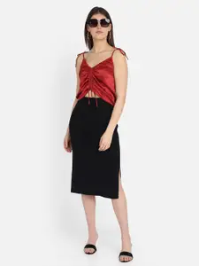 MARZENI Women Maroon Satin Tie Up Crop Top