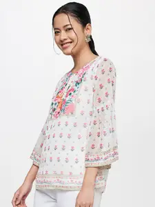 Global Desi Off White Floral Print Tie-Up Neck Top