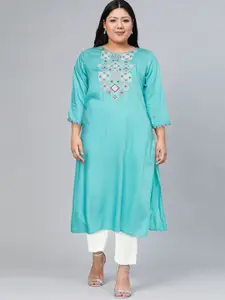 Global Desi Women Blue Yoke Design Thread Work Kurta