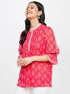 Global Desi Women Pink Geometric Printed Mandarin Collar Top
