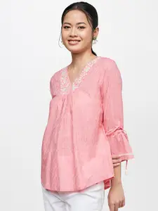Global Desi Women Pink Floral Yoke Embroidered Pure Cotton Casual Top