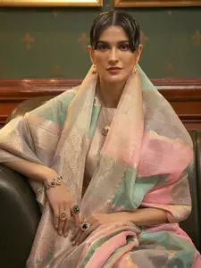 Mitera Pink & Blue Ethnic Motifs Zari Organza Banarasi Saree
