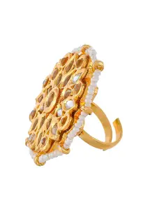 DASTOOR Gold-Plated White Kundan-Studded & Beaded Adjustable Finger Ring