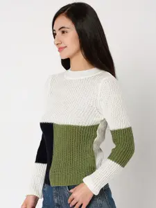 Vero Moda Women Off White & Green Colourblocked Pullover