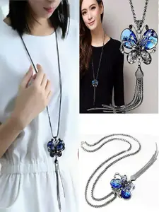 UNIVERSITY TRENDZ Stainless Steel Silver-Plated Blue CZ Pendant With Chain