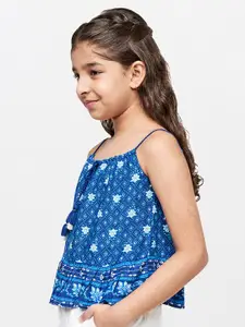 Global Desi Girls Blue & White Floral Print Boxy Top