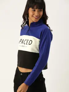 DressBerry Women Blue & Off-White Colourblocked Cropped Sweatshirt With Printed Detailing