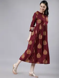 Vishudh Women Maroon & Beige A-Line Dress
