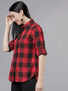 Tokyo Talkies Women Red Regular Fit Checked Casual Shirt