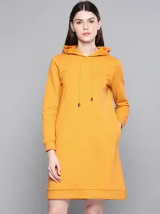 Chemistry Women Mustard Yellow Solid Hooded Sweatshirt Dress