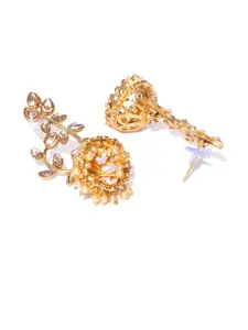 Priyaasi Gold-Plated Kundan Studded Leaf Shaped Drop Earrings