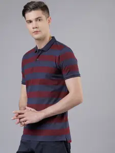 HIGHLANDER Men Maroon Striped Polo Collar T-shirt