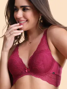 Enamor Padded Wired Medium Coverage Butterfly Frame with Lace Detailing Plunge Push-Up Bra