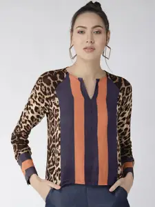 Style Quotient Women Navy Blue & Peach-Coloured Printed Regualr Top