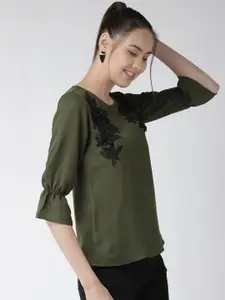 Style Quotient Women Olive Green Solid Top with Applique Detail
