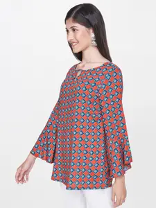 Global Desi Women Rust Orange & Blue Printed Top