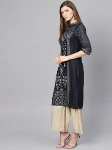 W Women Navy Blue & White Printed Straight Kurta