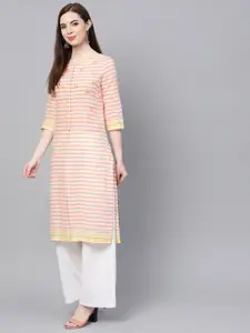 W Women Peach-Coloured & White Striped with Floral Embroidered Detail Straight Kurta