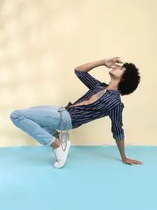 The Indian Garage Co Men Navy Blue & White Slim Fit Striped Casual Shirt