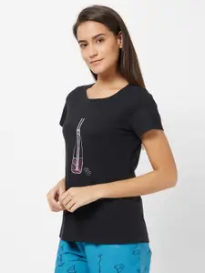 Soie Women Black Printed Lounge T-shirts