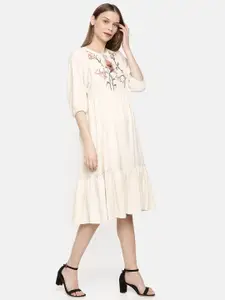 AND Women Off-White Embroidered Fit and Flare Dress