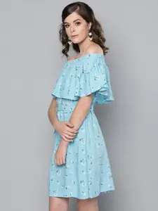 STREET 9 Women Blue & White Printed Off-Shoulder A-Line Dress